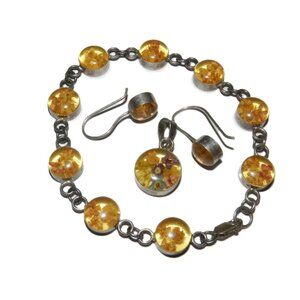 Vintage Sterling Silver 925 Dried Flower Resin Bracelet Pendant And Earrings
